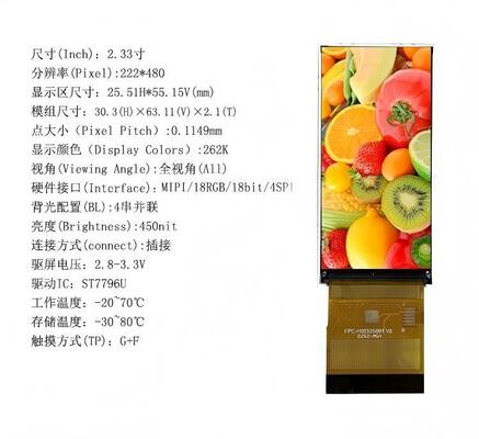 2.33" IPS TFT Module with 222X480 Resolution and MIPI/18RGB/18BIT/4SPI Interface,Driving IC ST7796U,ALL VIEW,450Brightness,262K