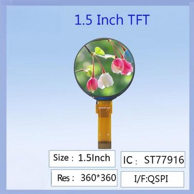 1.5 cali okrągły kolorowy wyświetlacz TFT LCD 360x360 rozdzielczość ST77916 sterownik IC wysokiej rozdzielczości szeroki kąt widzenia dla inteligentnych urządzeń do noszenia / projektów elektronicznych DIY / paneli przyrządów przemysłowych