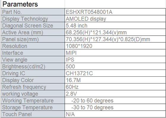 5.48 Inch AMOLED Display Module with 1080×1920 Resolution and 500 cd/m2 Brightness