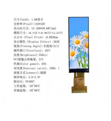 1.66" IPS TFT Module,142X428 Resolution,4SPI Interface, Driver IC NV3007,ALL VIEW,350nit,High quality Screen